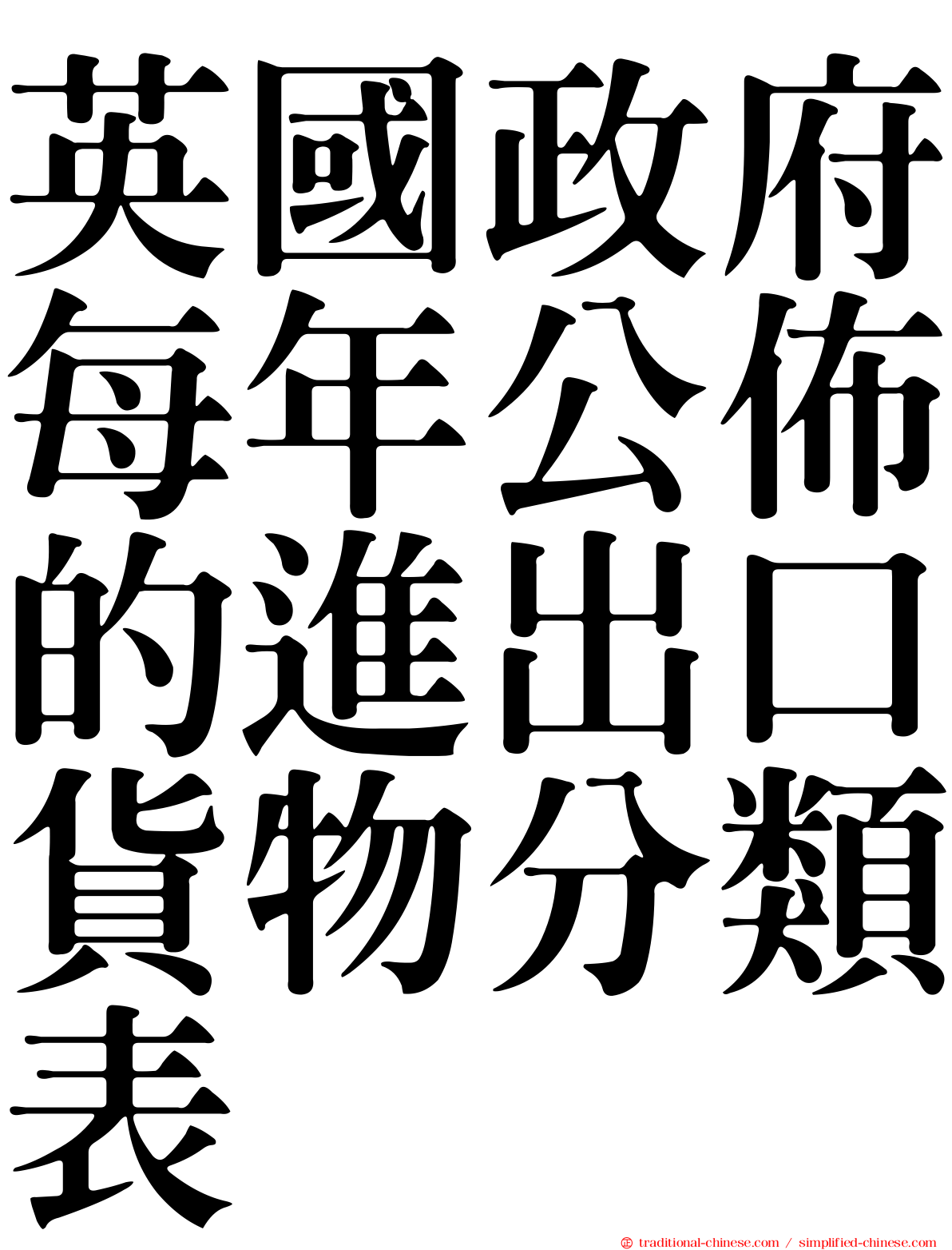 英國政府每年公佈的進出口貨物分類表