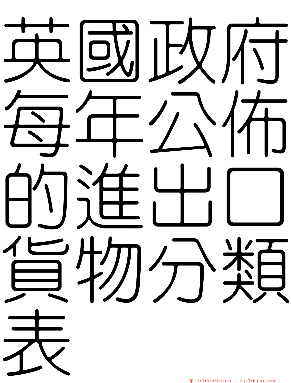 英國政府每年公佈的進出口貨物分類表