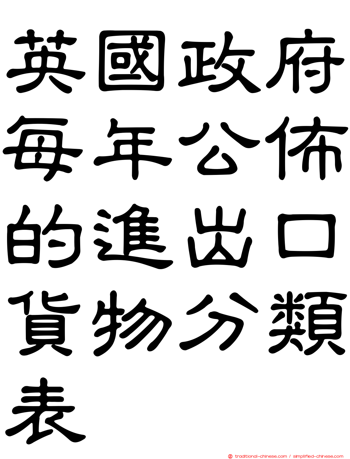 英國政府每年公佈的進出口貨物分類表